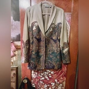 Susan Graver Beige Open-Front Paisley Jacket with Teal Accents Feels Like Suede